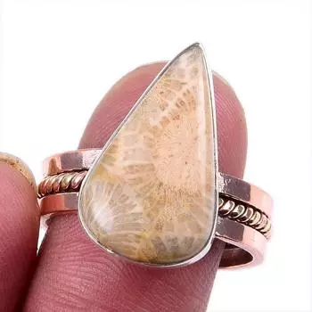 Натуральный ископаемый коралл, драгоценный камень, твердое серебро 925 пробы, ювелирные изделия, двухцветное кольцо S.10US c7p31
