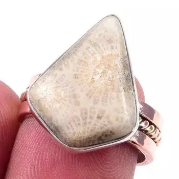 Натуральный ископаемый коралловый драгоценный камень, двухцветное кольцо из стерлингового серебра 925 пробы, размер 6,5 Q3a74