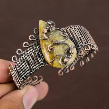 Натуральный ископаемый коралловый драгоценный камень ручной работы из медной проволоки, регулируемый браслет A4L95