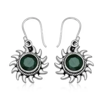 Натуральный изумруд, круглый драгоценный камень 8 мм, стерлинговое серебро 925 пробы, серьги в стиле бохо с подвесками от солнца для женщин и девочек зелёный