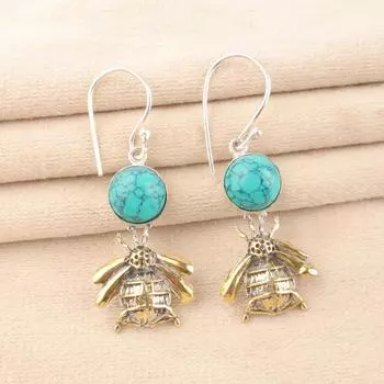 Натуральный камень Голубая бирюза Серебро 925 пробы Уникальные серьги ручной работы 2 EE-154-32