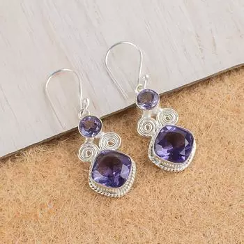 Натуральный камень иолит, серебро 925 пробы, ручная работа, серьги-крючки 1,12 EE-69-5