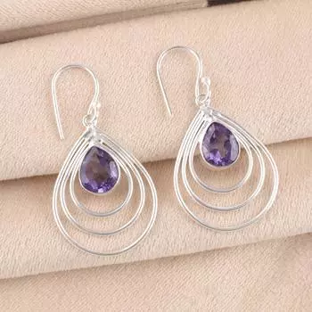 Натуральный камень иолит, серебро 925 пробы, ручная работа, стильные серьги-крючки 1,80 EE-31-7