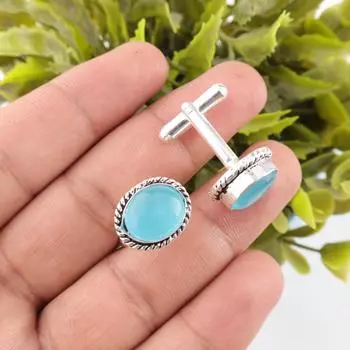 Натуральный камень Кошачий глаз синего цвета, серебро 925 пробы, ручная работа, мужские запонки 0,6 CL-1-26