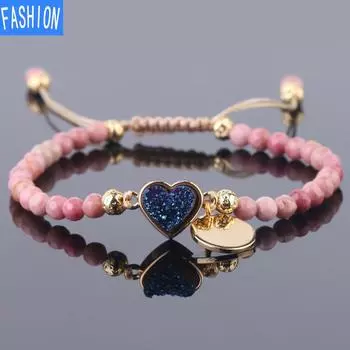 Натуральный камень красного дерева, 4 мм, бусины ручной работы, регулируемый тканый браслет, позолоченные подвески, хрустальные бутоны, ювелирные изделия Heart