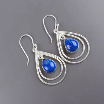 Натуральный камень лазурит, серебро 925 пробы с клеймом, серьги ручной работы, 2,00 EE-34-23