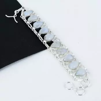 Натуральный камень Лунный камень-радуга Ручной работы Браслет из стерлингового серебра 925 пробы, Браслет с лунным камнем-радугой для жены, Унисекс-браслет, Пасхальный подарок 8 белый
