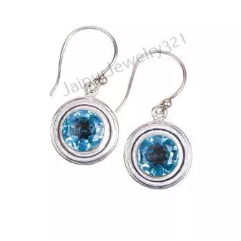 Натуральный камень Небесно-голубой Топаз 925 Проба Стерлинговое серебро Ювелирные изделия Ручной работы Серьги 1,40 EE-4-8