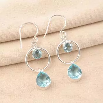 Натуральный камень Небесно-голубой Топаз Ювелирные изделия из серебра 925 пробы Серьги-подвески 2,0 EE-140-14