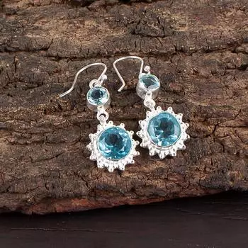Натуральный камень Небесно-голубой Топаз Ювелирные изделия из серебра 925 пробы Голубые серьги 1,80 EE-13-3