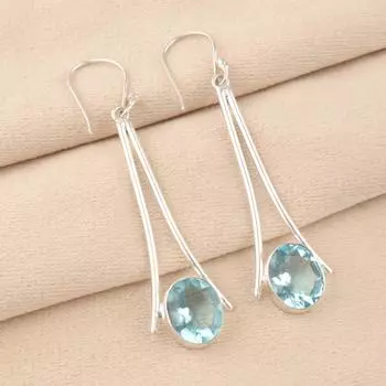 Натуральный камень Небесно-голубой Топаз Серебро 925 пробы Ручная работа Длинные серьги 2.63 EE-136-1