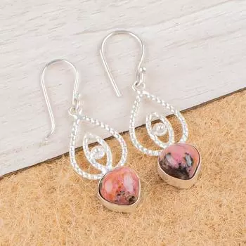 Натуральный камень Родолит Черный 925 Стерлинговое серебро Ручная работа Серьги 2.00 EE-32-33