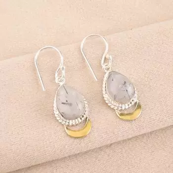 Натуральный камень Рутил Черный 925 Проба Серебряные Ювелирные Изделия Ручной Работы Серьги 1.5 EE-162-28