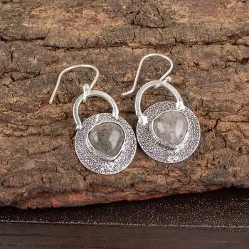 Натуральный камень Рутил Черный 925 Стерлинговое серебро Ручная работа Серьги-подвески 1.30 EE-63-25