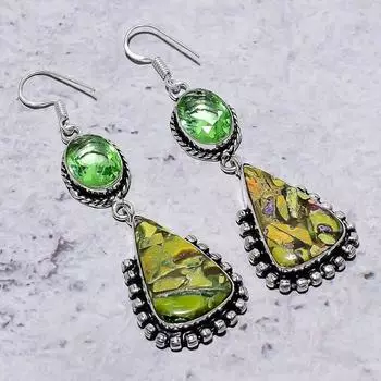 Натуральный камень стихтит, цаворит, серебро 925 пробы, серьги 2,84 дюйма v4A25