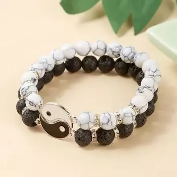 Натуральный камень вулканической лавы Тай Чи Инь Ян Пара Браслеты Женщины Мужчины Белая Бирюза Круглые Бусины Ручной Работы Любителей Ювелирных Изделий