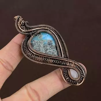 Натуральный карибский ларимар, камень из розового кварца, медная проволока, подвеска 3,54 дюйма, N8e85