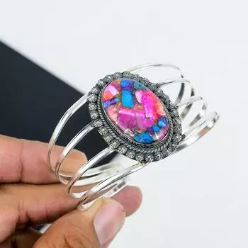 Натуральный Кингман Иглистый Устричный Драгоценный Камень Ручной Работы 925 Стерлинговое Серебро Манжета Браслет, Браслет из Кингман Иглистой Устрицы, Для Жены, Унисекс Браслет, Подарки 6 розовый