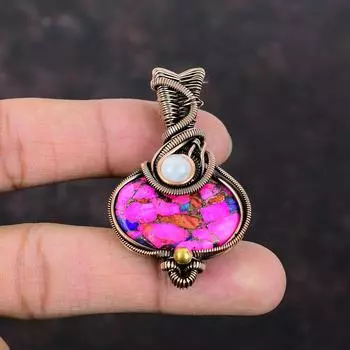 Натуральный Kingman Розовый Георгин Бирюзовый Кулон Медная Проволока Обернутый Кулон Ювелирные Изделия Ручной Работы Подвеска Из Драгоценного Камня Радужный Лунный Камень Медные Ювелирные Изделия