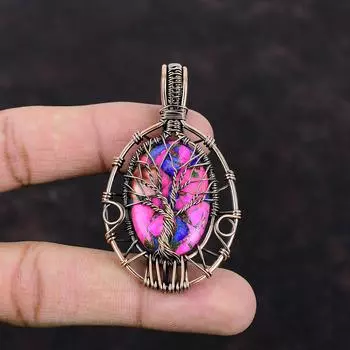 Натуральный Kingman Розовый Георгин Бирюзовый Подвеска Медная Проволока Обернутая Подвеска Из Драгоценного Камня Медные Ювелирные Изделия Ручной Работы Подвеска Древо Жизни Подарок Для Него