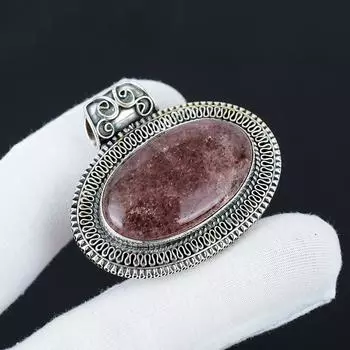 Натуральный Клубничный Кварц Драгоценный Камень Серебряный Кулон из Стерлингового Серебра 925 пробы - Дизайн ручной работы, Ювелирное украшение для повседневной носки, Антикварный кулон, Подарки для мамы 2.36 красный