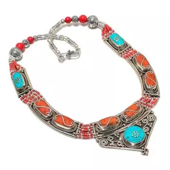 Натуральный красный коралл, бирюзовый драгоценный камень, ожерелье ручной работы 18 дюймов D6F02