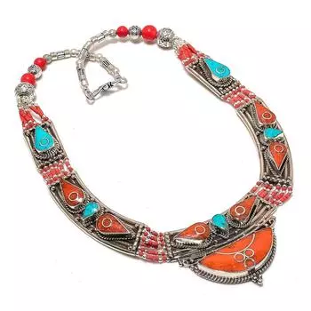 Натуральный красный коралл, бирюзовый драгоценный камень, ожерелье ручной работы 18 дюймов D0I02