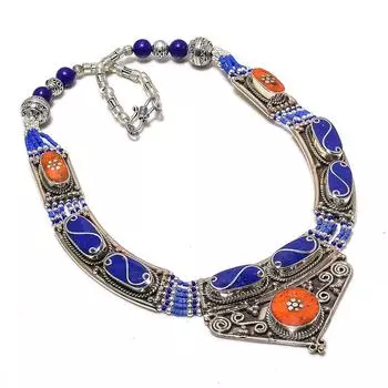 Натуральный красный коралл, драгоценный камень лазурит, ювелирное ожерелье ручной работы 18 дюймов E2s75