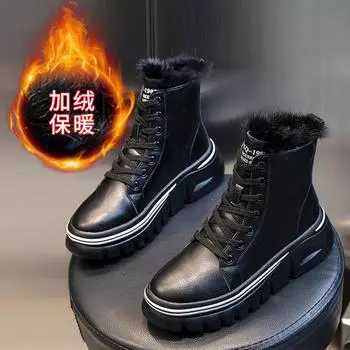 Натуральный кроличий мех 2025 зима ботинки мартин на толстой подошве с увеличением высоты короткие ботинки британские повседневные полусапоги бархатные кожаные ботинки 35