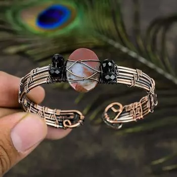 Натуральный кровавый камень, драгоценный камень, браслет ручной работы из медной проволоки, браслет-манжета, регулируемый. w3R93