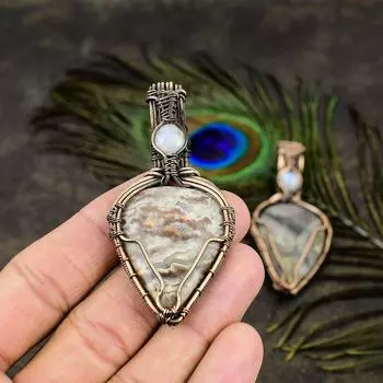 Натуральный кружевной агат Лагуна, драгоценный камень, медная проволока, подарочная подвеска 2,68 дюйма u6M94