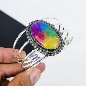 Натуральный Кварц Цвета Радуги Драгоценный Камень Ручной Работы Манжета-Браслет из Стерлингового Серебра 925 пробы, Браслет из Кварца Цвета Радуги, Для Жены, Унисекс-Браслет, Подарки для Любви 6 жёлтый