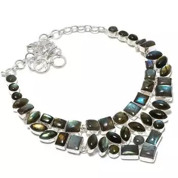 Натуральный лабрадорит драгоценный камень 925 стерлингового серебра ювелирные изделия ожерелье 18 v5C07