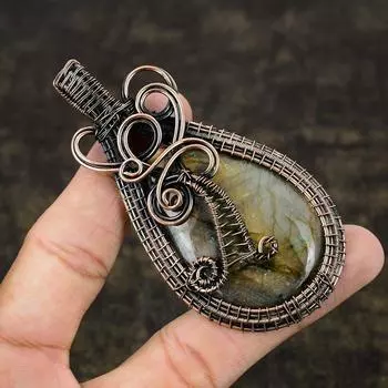 Натуральный лабрадорит, драгоценный камень, подвеска ручной работы из медной проволоки, 3,55 дюйма, N5O38