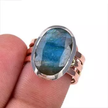 Натуральный лабрадорит, двухцветное кольцо из чистого серебра 925 пробы, размер 6 c9g82