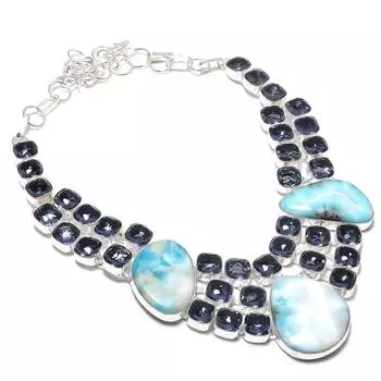 Натуральный Ларимар, Иолит Драгоценный Камень Серебряное Ювелирное Ожерелье 18 P3j59