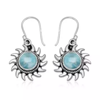 Натуральный Ларимар, круглый драгоценный камень 8 мм, стерлинговое серебро 925 пробы, серьги-подвески в стиле бохо с подвесками от солнца для женщин и девочек