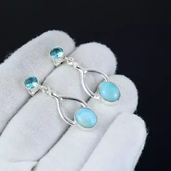 Натуральный ларимар, серьги с голубым топазом, серьги из стерлингового серебра 925 пробы, серьги-подвески из серебра ручной работы в стиле бохо, подарки на день рождения 1.96 синий