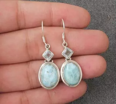 Натуральный ларимар, синий топаз, драгоценный камень, женские висячие серьги, серьги ручной работы, подарок на День святого Валентина для нее