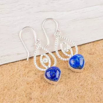 Натуральный Лазурит Драгоценный Камень 925 Стерлинговое Серебро Ювелирные Изделия Висячие Серьги 2.00 EE-32-24