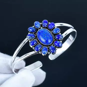 Натуральный Лазурит Драгоценный Камень Ручной Работы Манжета Браслет 925 Стерлинговое Серебро Манжета Браслет, Браслет в Форме Цветка из Лазурита Для Жены, Унисекс Браслет 7 синий