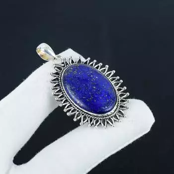 Натуральный Лазурит Драгоценный Камень Серебряная Подвеска из Стерлингового Серебра 925 пробы - Ручная работа Овальный дизайн, Украшение для повседневной носки, Подарок с ватой 2.16 синий