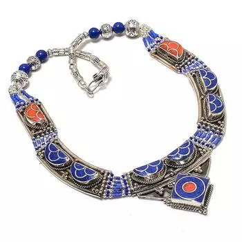 Натуральный лазурит, коралловый драгоценный камень, ожерелье ручной работы, 18 дюймов P4O71