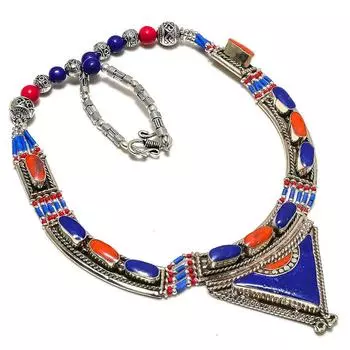 Натуральный лазурит, коралловый драгоценный камень, ювелирное ожерелье ручной работы 18 дюймов u8V83