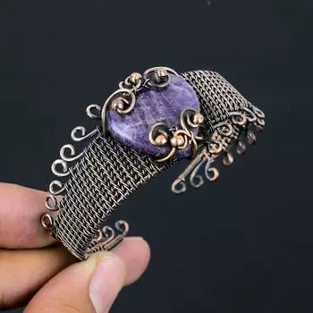 Натуральный лепидолит, драгоценный камень, браслет ручной работы из медной проволоки, регулируемый K1o55