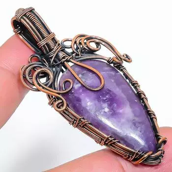 Натуральный лепидолит, драгоценный камень, медная проволока, подарочная подвеска 2,64 дюйма U0B73