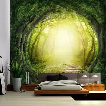 Натуральный лесной гобелен с пейзажным принтом, большой настенный гобелен, дешевый настенный гобелен в стиле хиппи, богемный настенный гобелен 100x75cm