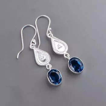 Натуральный Лондонский Голубой Топаз Драгоценный Камень 925 Стерлинговое Серебро Авторские Ювелирные Изделия Серьги EE-8-7