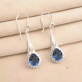 Натуральный Лондонский Голубой Топаз Драгоценный Камень 925 Проба Серебро Циркон Грушевидные Серьги 1.86 CZE-7-12