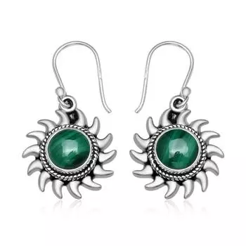 Натуральный малахит, круглый драгоценный камень 8 мм, стерлинговое серебро 925 пробы, серьги-подвески в стиле бохо, для женщин и девочек зелёный